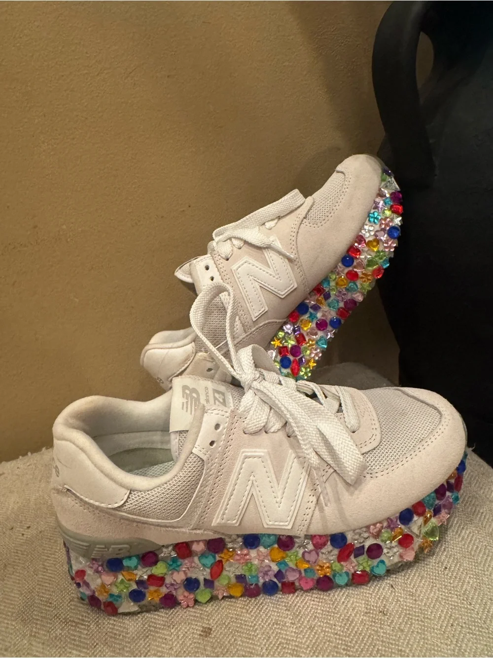 New Balance Women’s Platform Sneakers in White with Multicolor Jeweled Sole